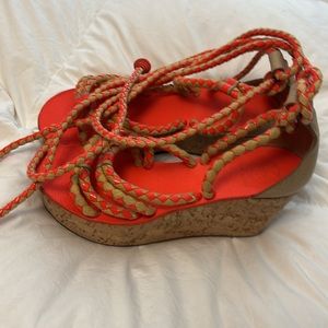 TORY BURCH HOT PINK & YELLOW TIE UP ESPADRILLE WEDGE SANDALS, SZ 9.5